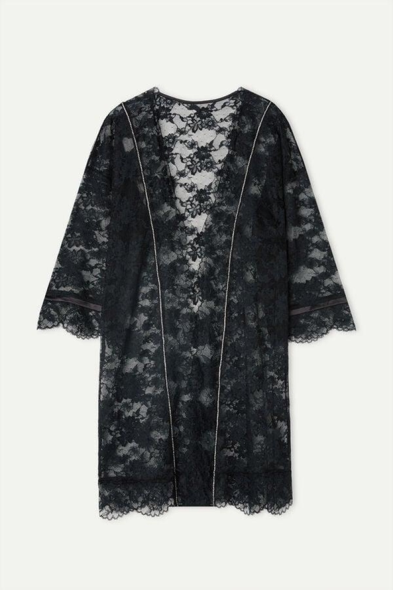 Intimissimi Shine High Like Stars Lace Kimono Women's Pajamas Black | USA 2201ZGY