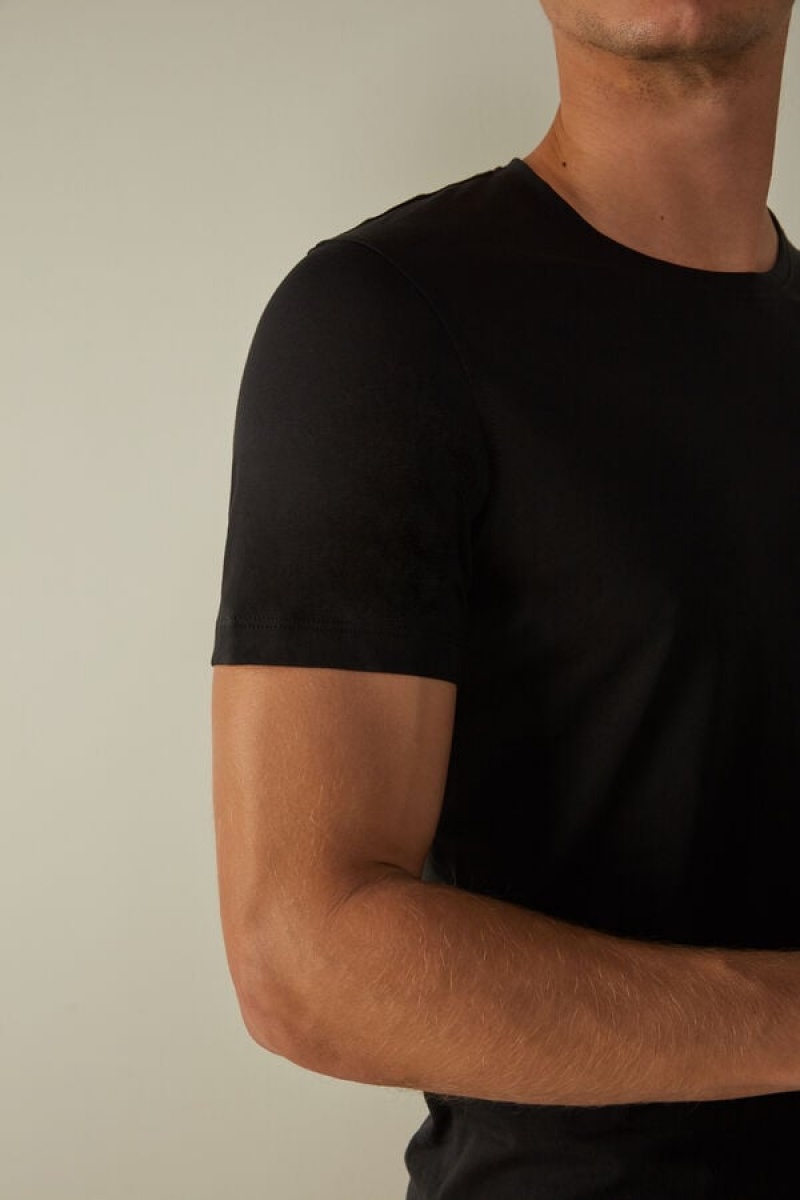 Intimissimi Short-Sleeve Crew-Neck in Extra-Fine Supima® Cotton Men's T Shirts Black | USA 3022HKX