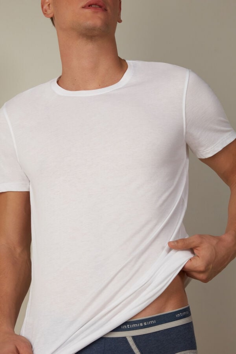 Intimissimi Short-Sleeve Crew-Neck in Extra-Fine Supima® Cotton Men's T Shirts White | USA 3026SON