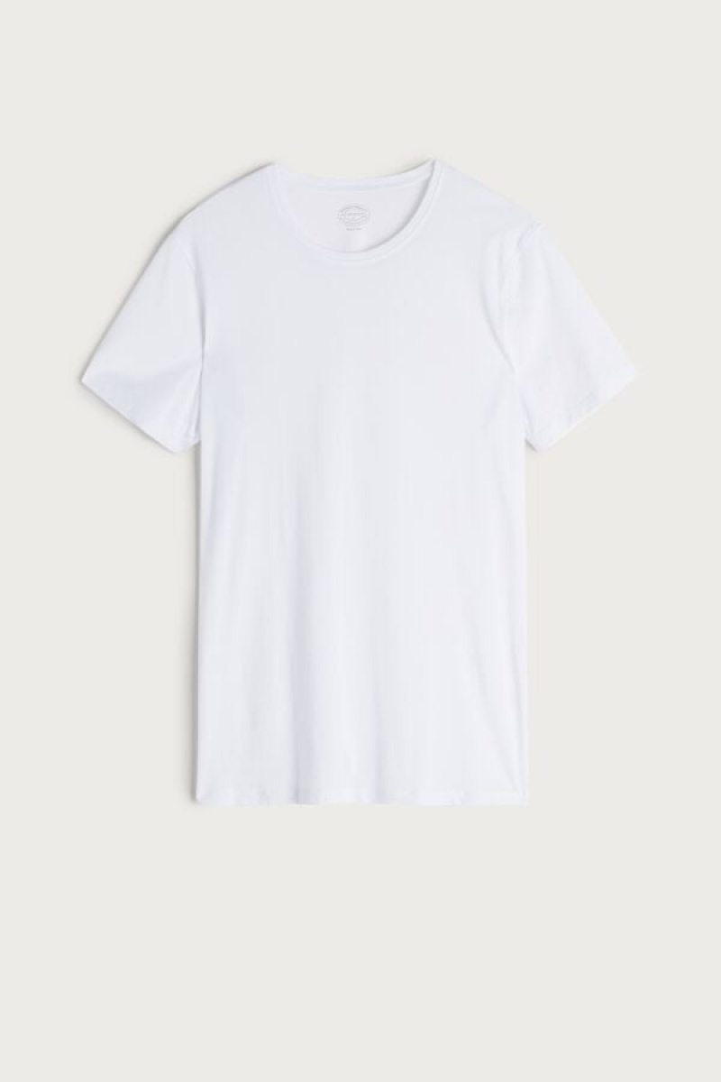 Intimissimi Short-Sleeve Crew-Neck in Extra-Fine Supima® Cotton Men's T Shirts White | USA 3026SON