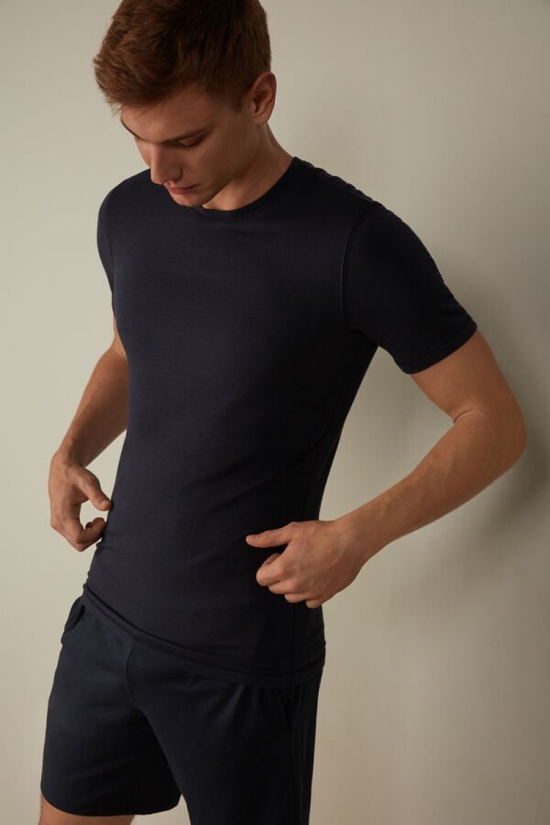 Intimissimi Short-Sleeve Modal-Cashmere Men's T Shirts Blue | USA 2991EXH