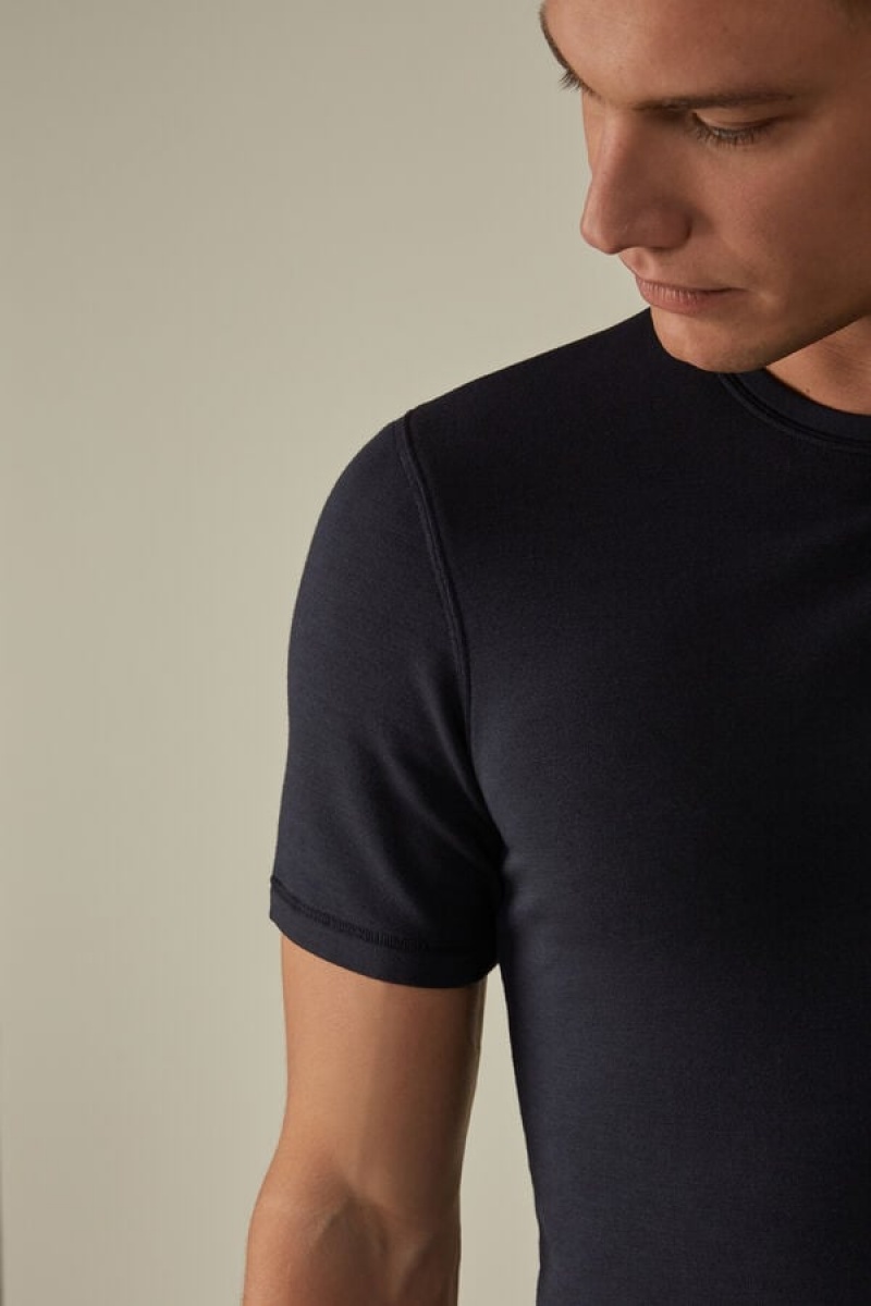 Intimissimi Short-Sleeve Modal-Cashmere Men's T Shirts Blue | USA 2991EXH