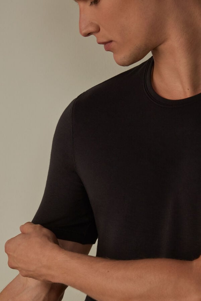 Intimissimi Short-Sleeve Modal-Cashmere Men's T Shirts Black | USA 3003ORW