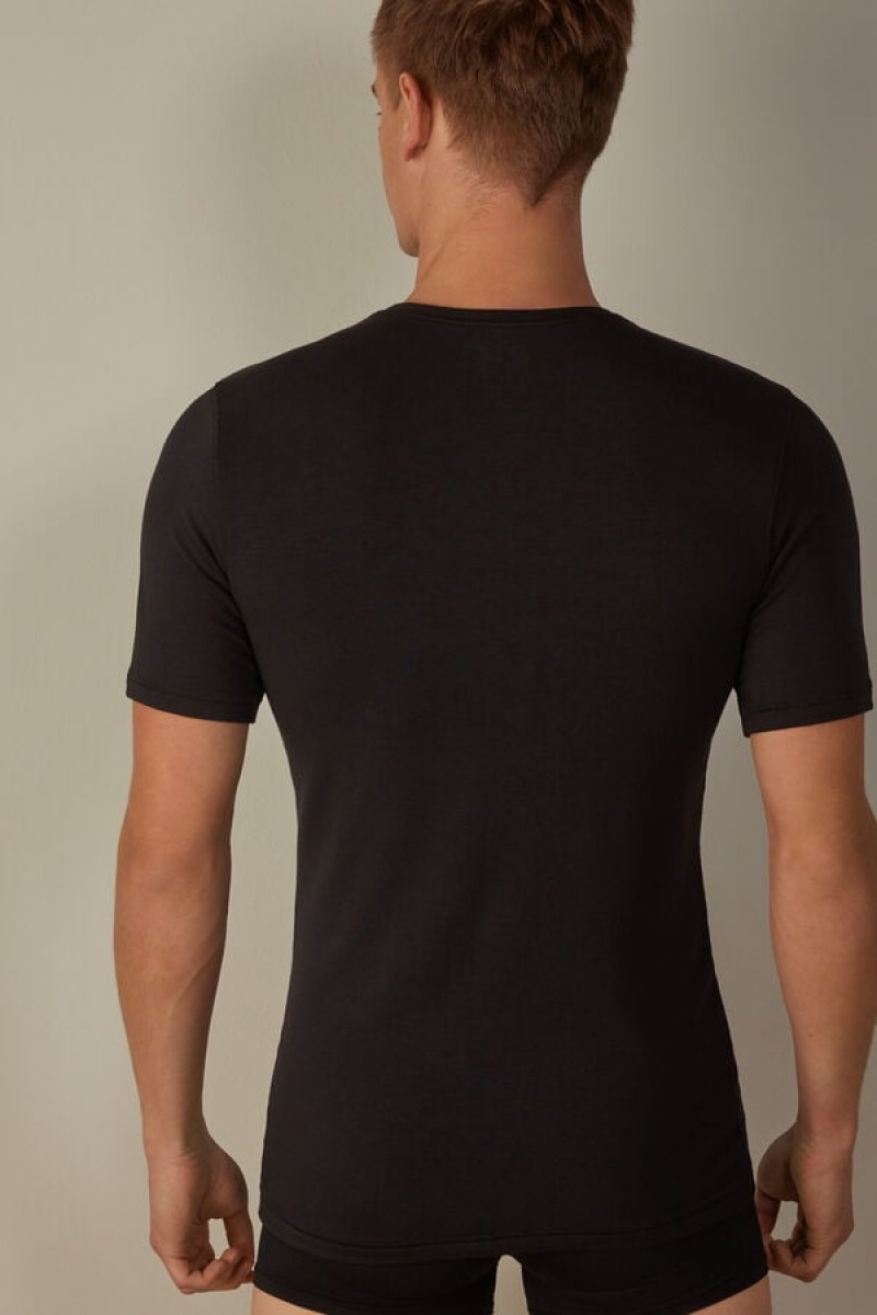 Intimissimi Short-Sleeve Modal-Cashmere Men's T Shirts Black | USA 3003ORW