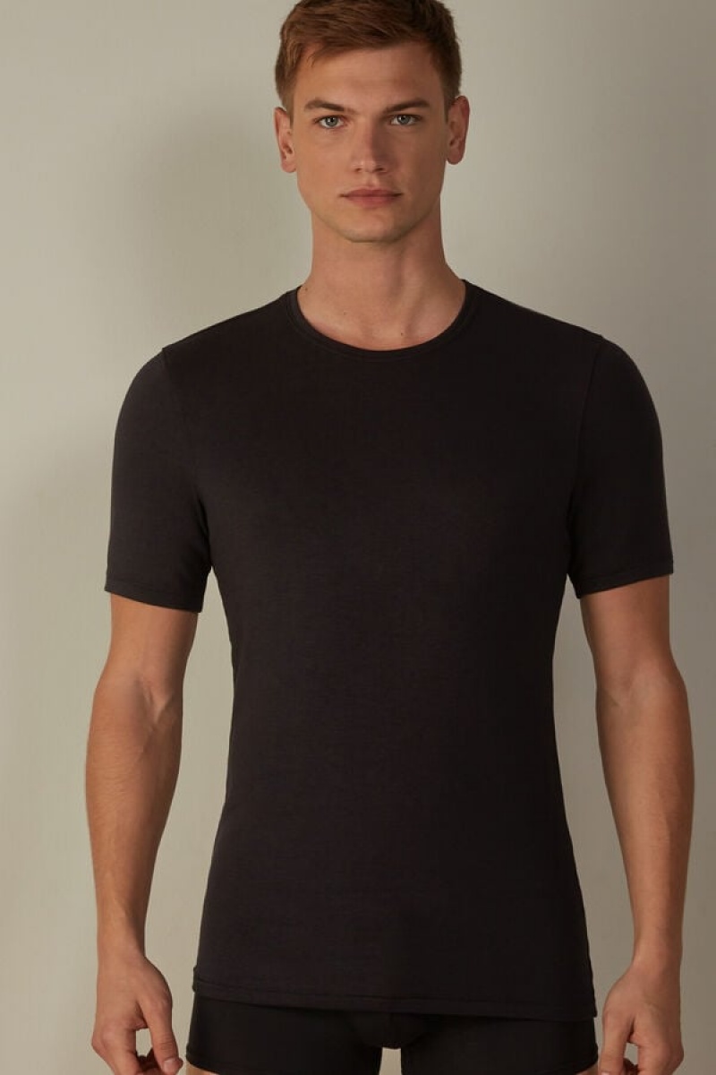 Intimissimi Short-Sleeve Modal-Cashmere Men\'s T Shirts Black | USA 3003ORW