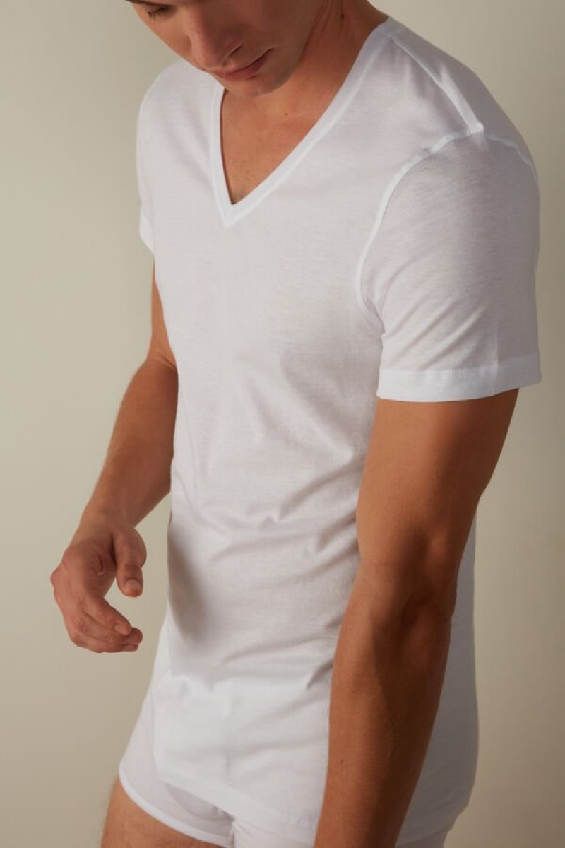 Intimissimi Short-Sleeve V-Neck in Extra-Fine Supima® Cotton Men's T Shirts White | USA 3018ZGJ