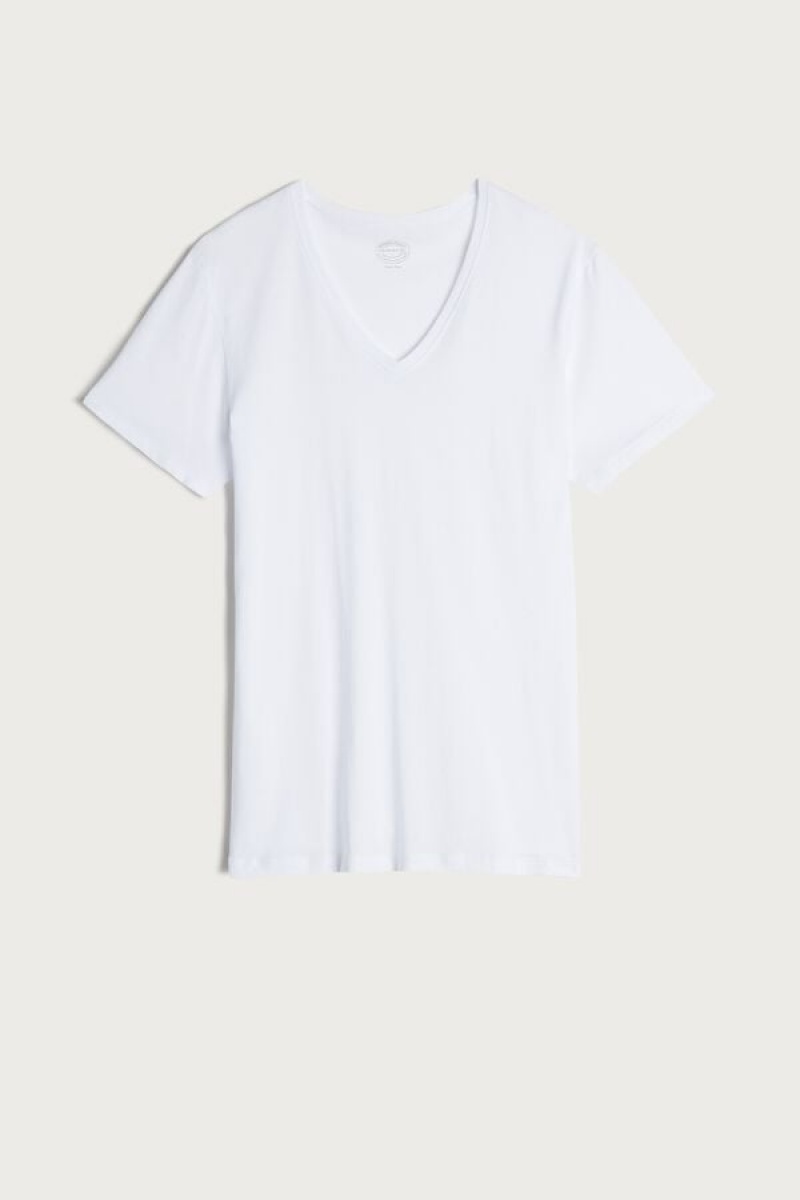 Intimissimi Short-Sleeve V-Neck in Extra-Fine Supima® Cotton Men's T Shirts White | USA 3018ZGJ