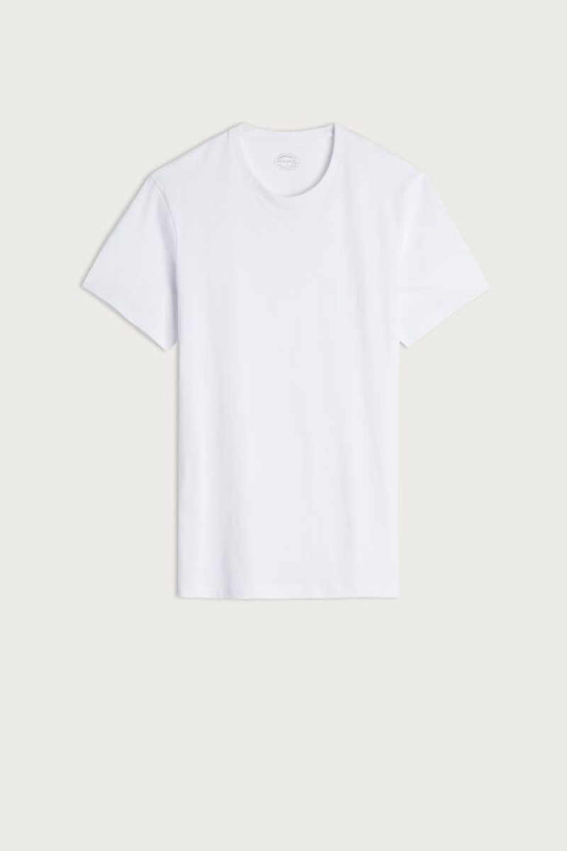 Intimissimi Short Sleeve Crew Neck in Supima® Cotton Men's T Shirts White | USA 3024FMV