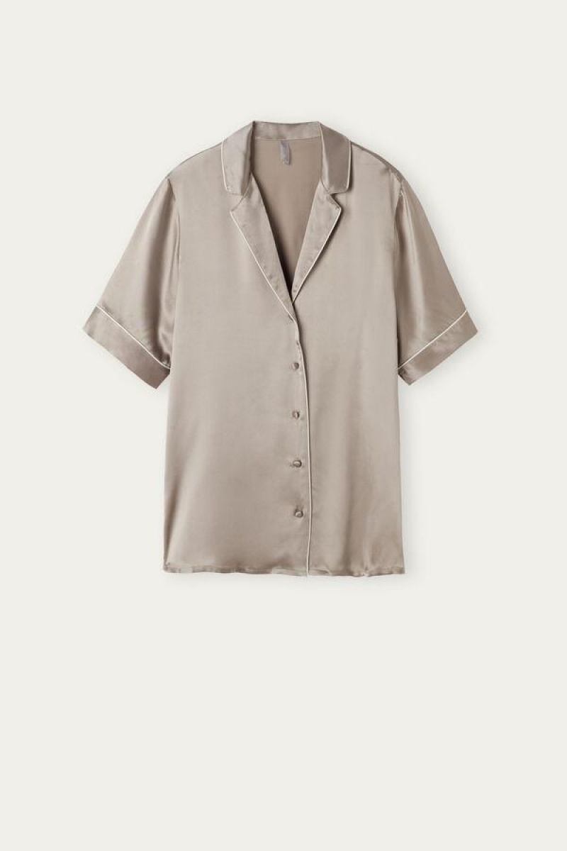 Intimissimi Short Sleeve Silk Shirt with Contrast Trim Women's Pajamas Beige | USA 2123ZGY