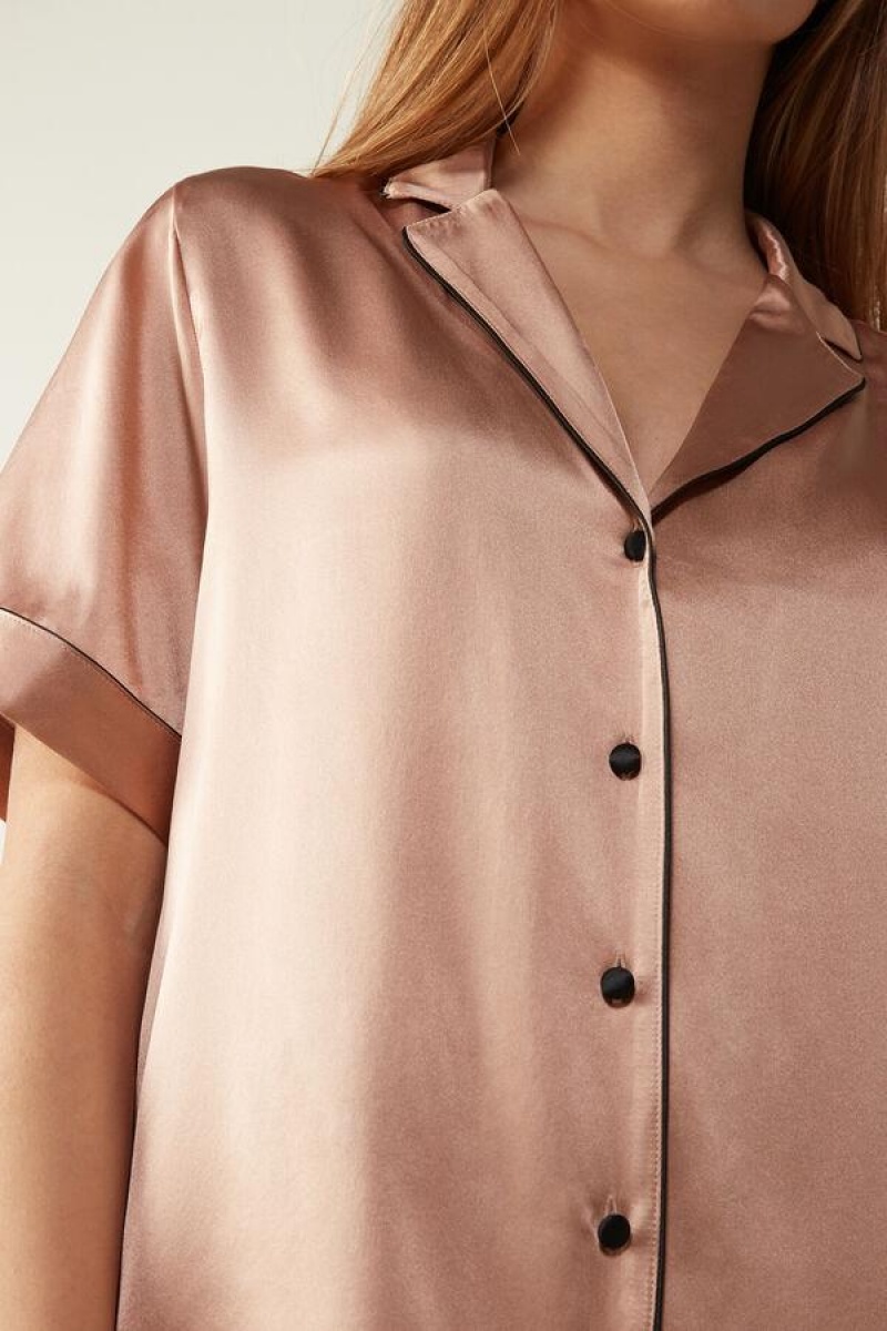 Intimissimi Short Sleeve Silk Shirt with Contrast Trim Women's Pajamas Pink | USA 2126VDO