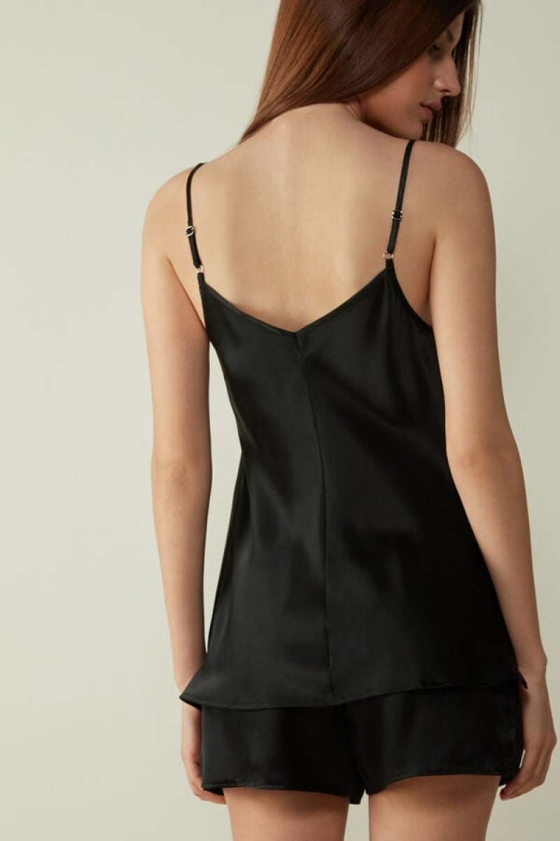 Intimissimi Silk Satin with V-neckline Women's Tank Top Black | USA 1702GLQ