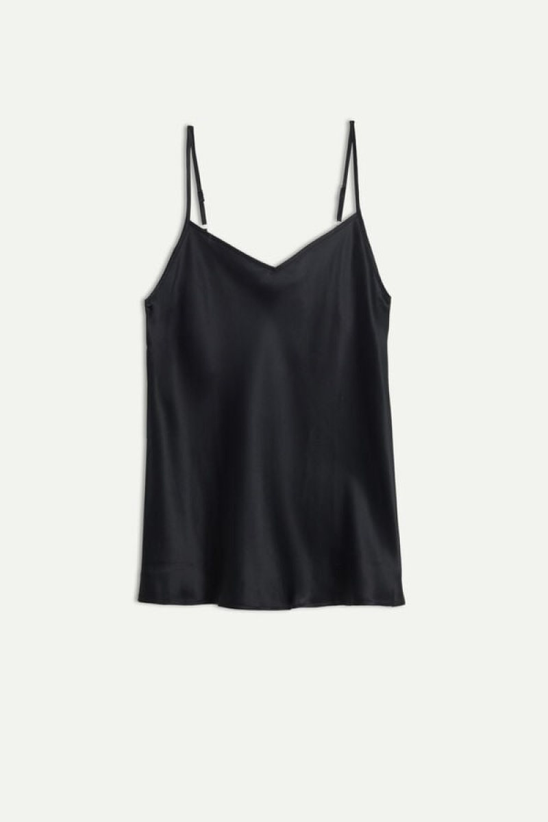 Intimissimi Silk Satin with V-neckline Women's Tank Top Black | USA 1702GLQ