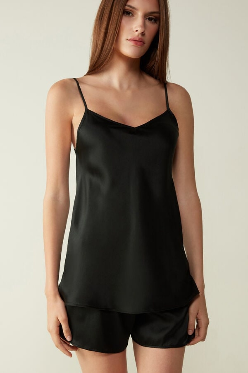 Intimissimi Silk Satin with V-neckline Women\'s Tank Top Black | USA 1702GLQ