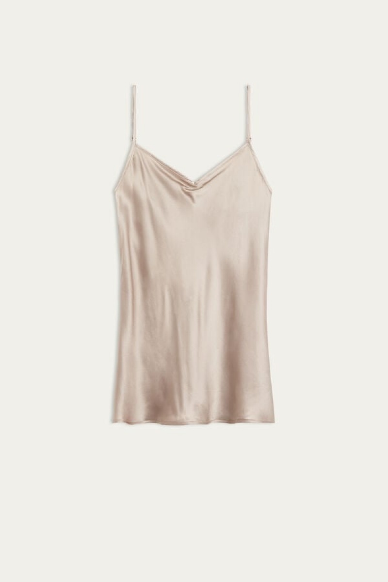 Intimissimi Silk Satin with V-neckline Women's Tank Top Beige | USA 1705KIR