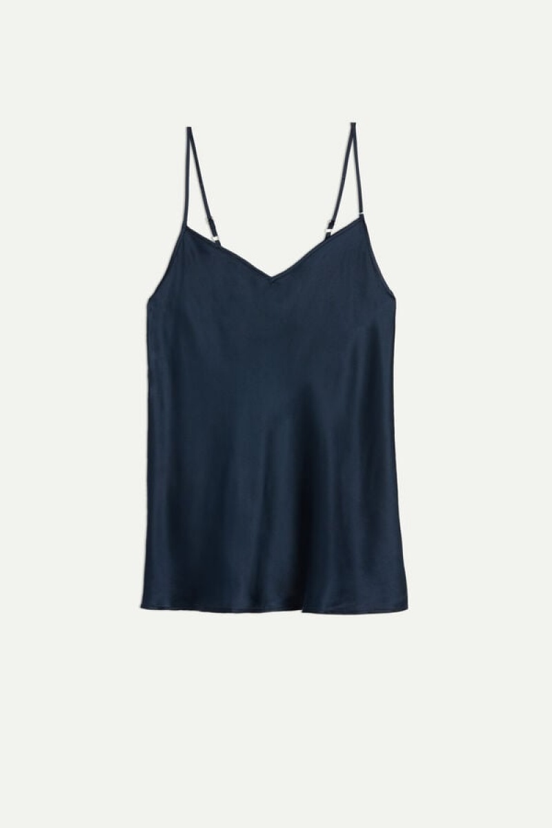 Intimissimi Silk Satin with V-neckline Women's Tank Top Blue | USA 1707ZGY