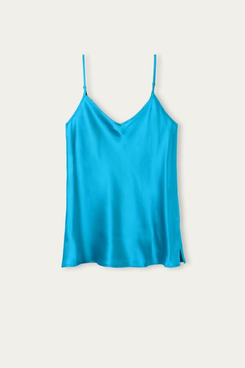 Intimissimi Silk Satin with V-neckline Women's Tank Top Turquoise | USA 1737BCP