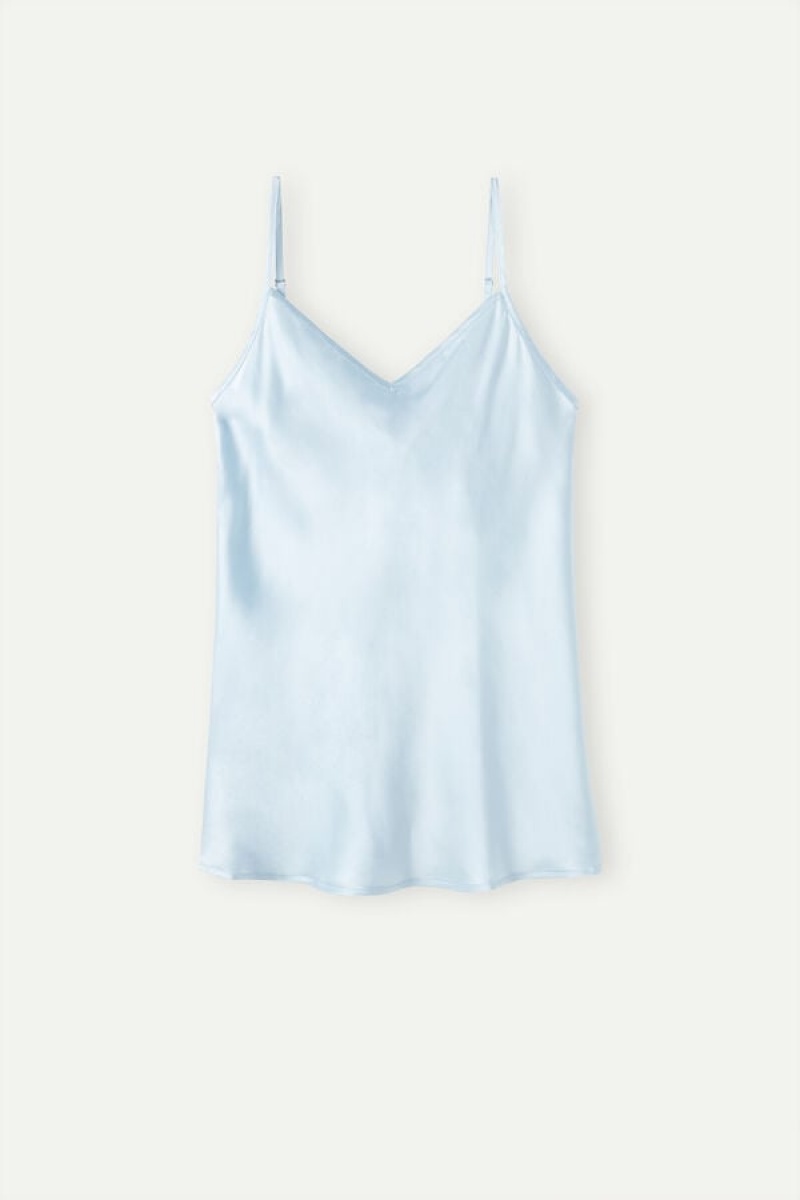 Intimissimi Silk Satin with V-neckline Women's Tank Top Blue | USA 1745YUK