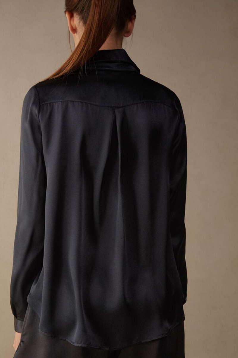 Intimissimi Silk Shirt Women's Long Sleeve Black | USA 1812XFU