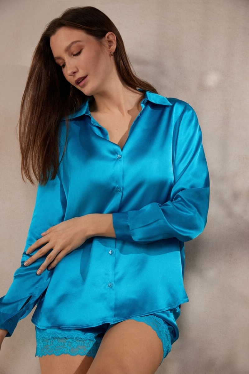 Intimissimi Silk Shirt Women's Long Sleeve Turquoise | USA 1832GLQ