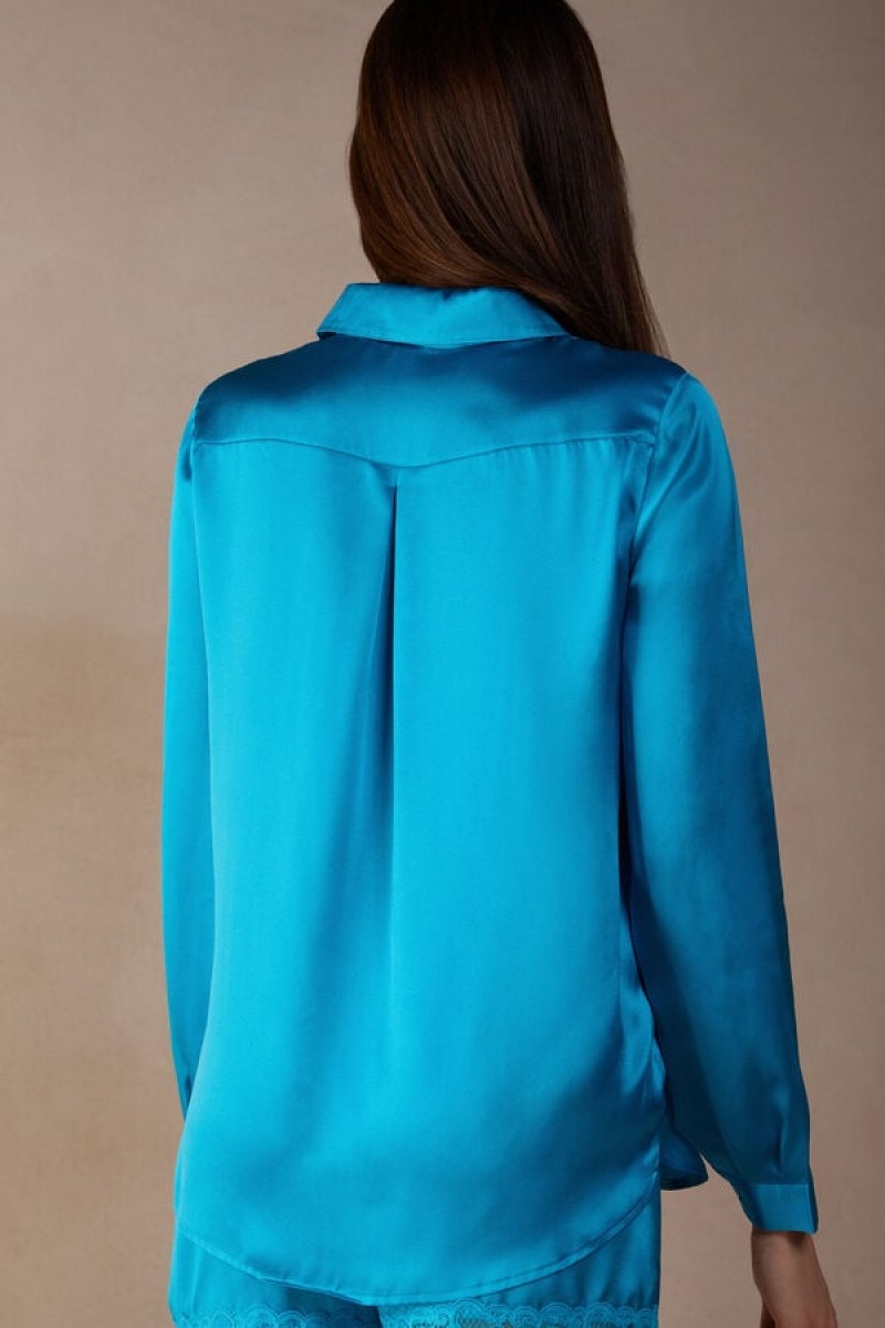 Intimissimi Silk Shirt Women's Long Sleeve Turquoise | USA 1832GLQ