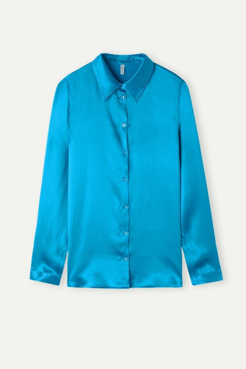 Intimissimi Silk Shirt Women's Long Sleeve Turquoise | USA 1832GLQ