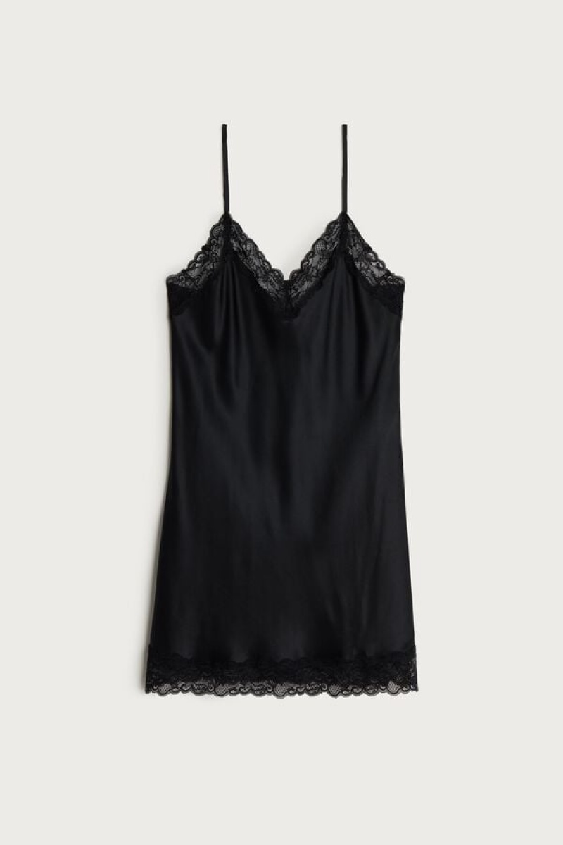 Intimissimi Silk Slip with Lace Insert Detail Women's Lingerie Black | USA 1910GLQ