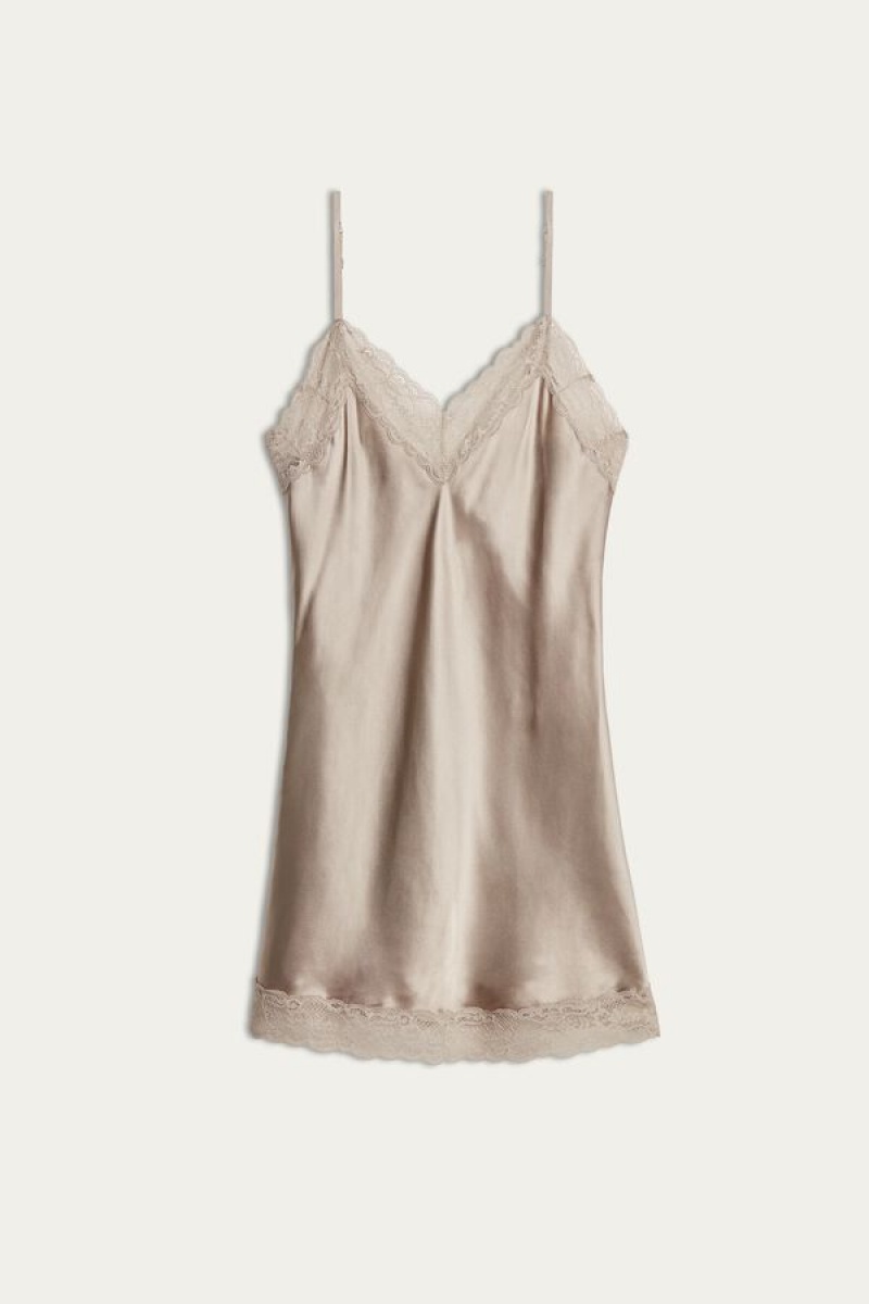 Intimissimi Silk Slip with Lace Insert Detail Women's Lingerie Beige | USA 1925RWH