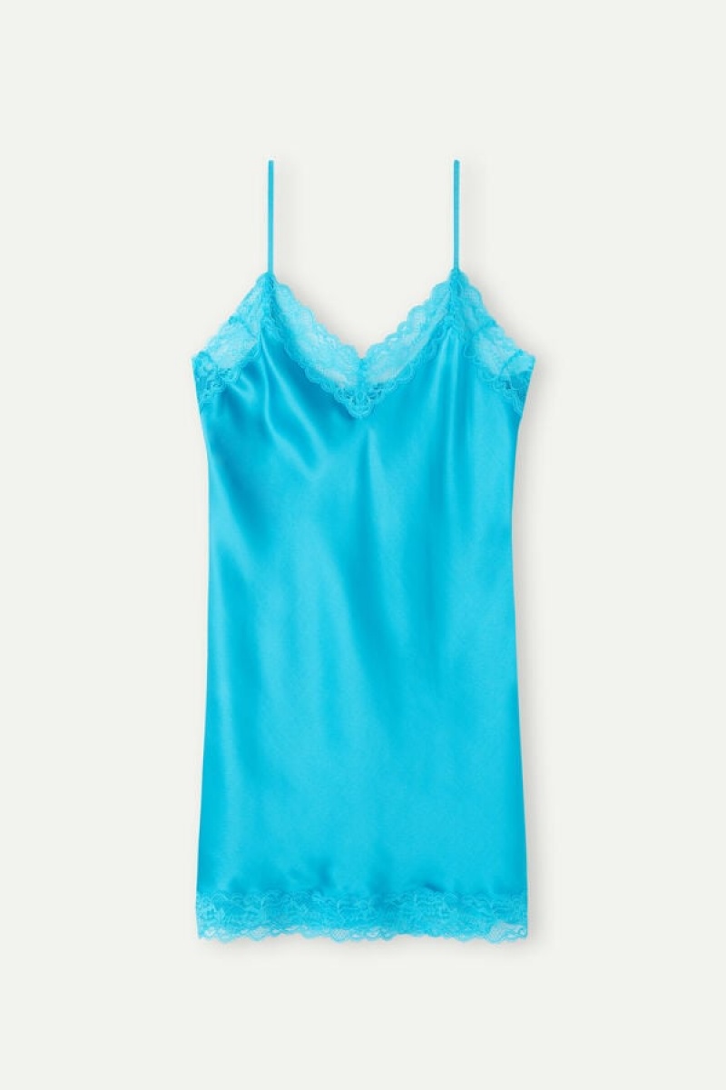 Intimissimi Silk Slip with Lace Insert Detail Women's Lingerie Turquoise | USA 1940LHT