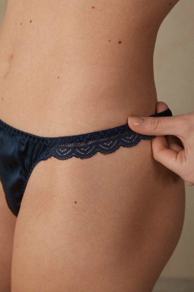 Intimissimi Silk and Lace G-String Women's Panties Blue | USA 2285MAS