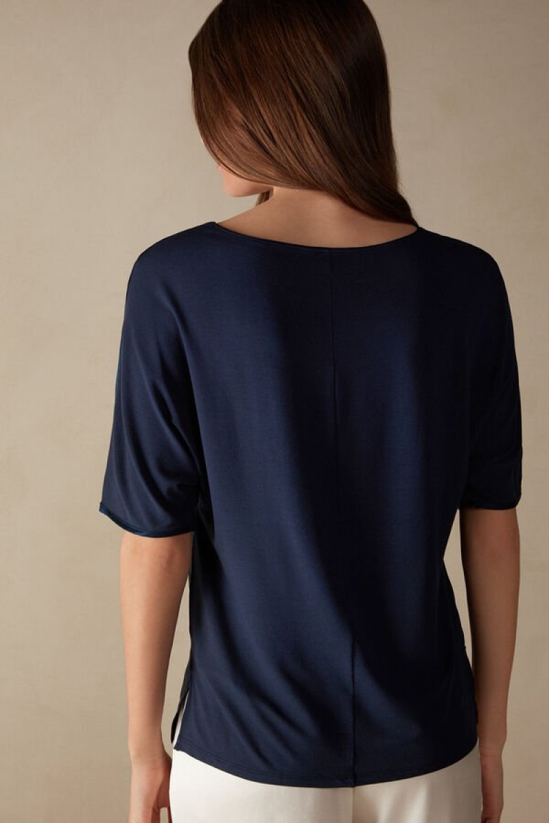 Intimissimi Silk and Modal Top Women's Short Sleeve Blue | USA 1851ISZ