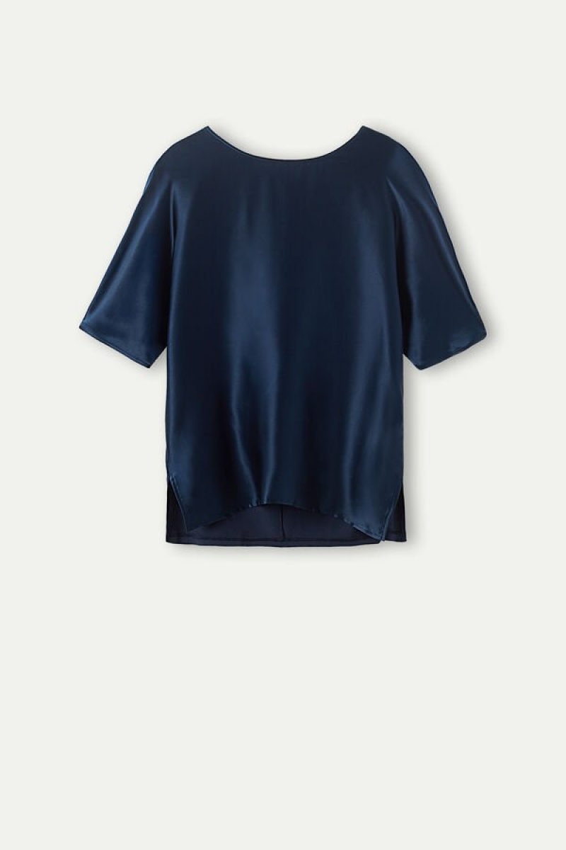 Intimissimi Silk and Modal Top Women's Short Sleeve Blue | USA 1851ISZ