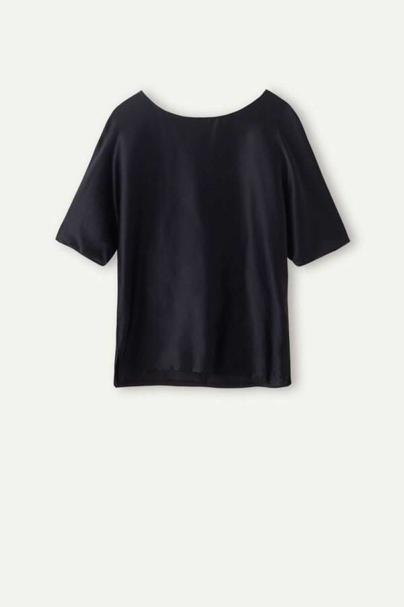 Intimissimi Silk and Modal Top Women's Short Sleeve Black | USA 1852ORX