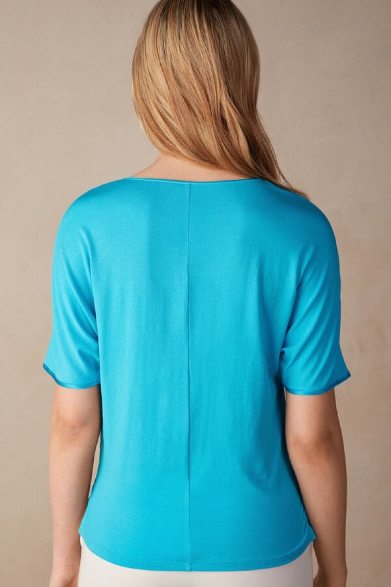 Intimissimi Silk and Modal Top Women's Short Sleeve Turquoise | USA 1860JJE