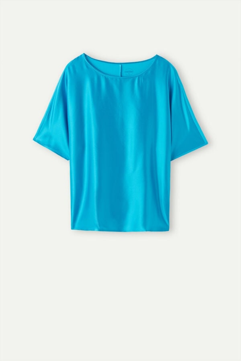 Intimissimi Silk and Modal Top Women's Short Sleeve Turquoise | USA 1860JJE