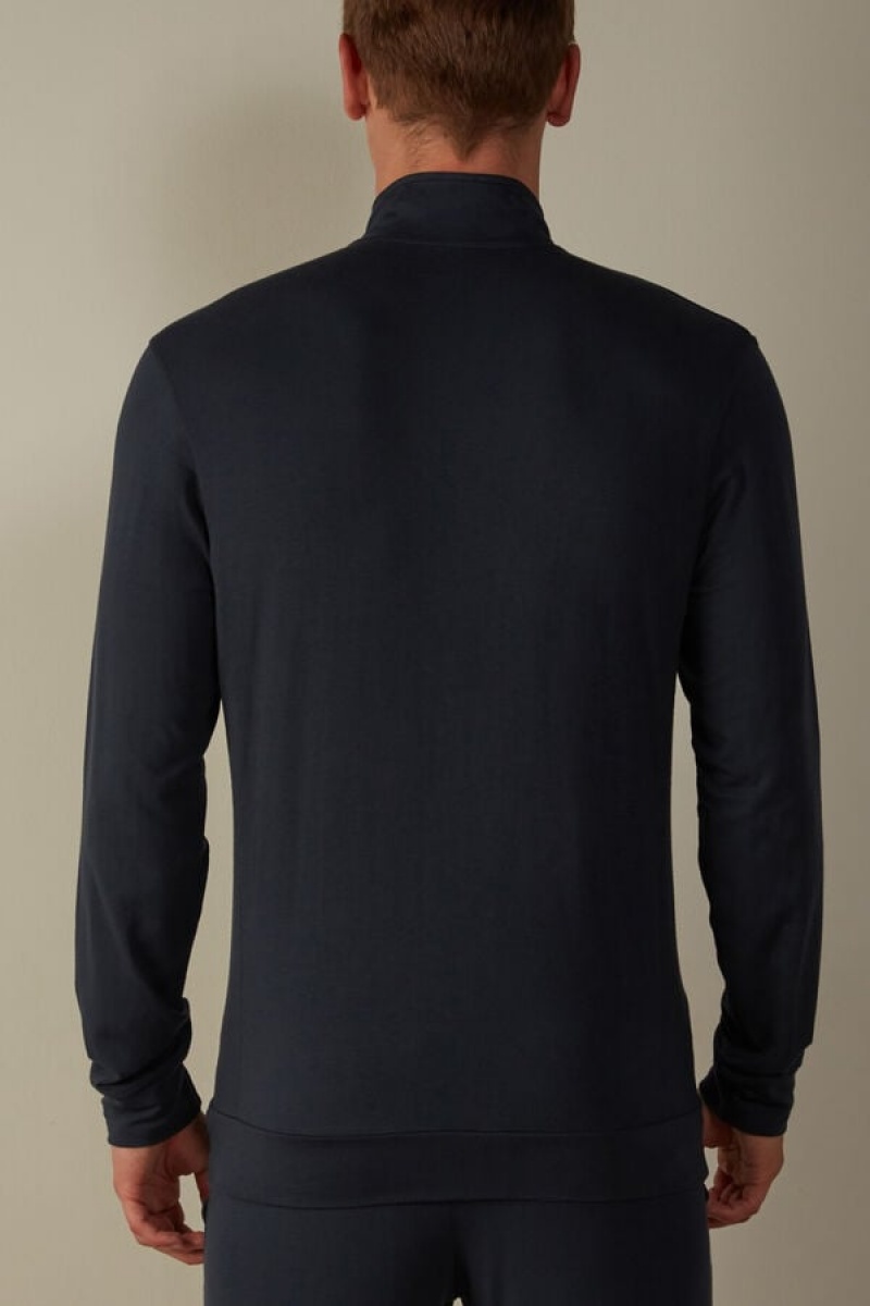 Intimissimi Silk and Modal Zip-Up Sweatshirt Men's Long Sleeve Blue | USA 2944VDX