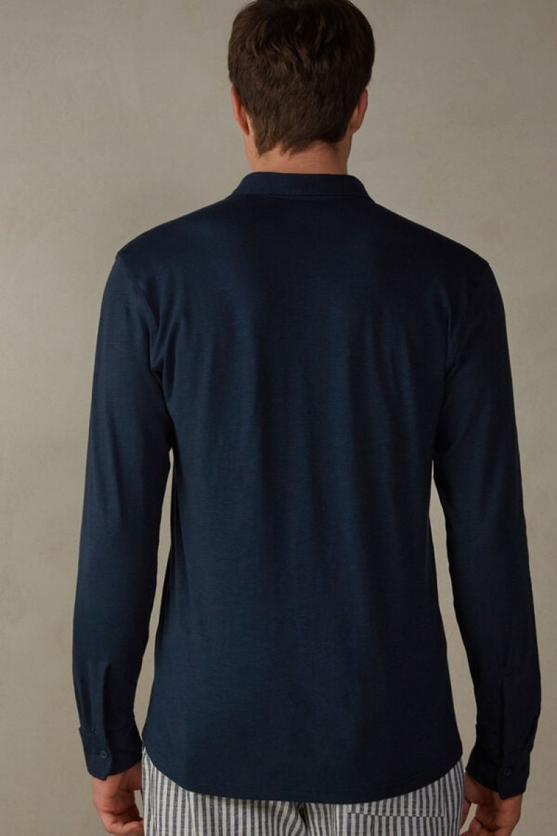 Intimissimi Slub Cotton Shirt Men's Long Sleeve Blue | USA 2953FMR