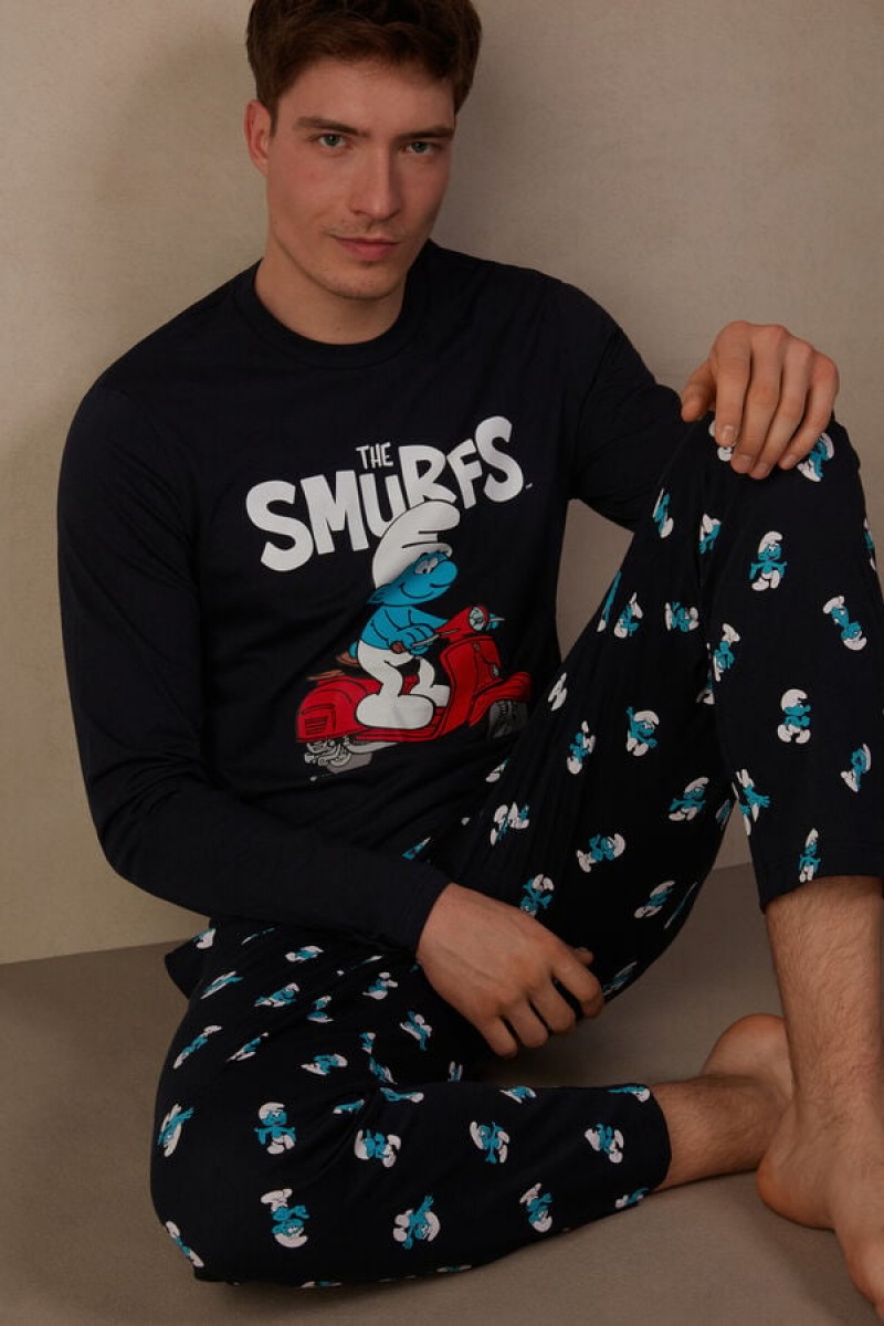 Intimissimi Smurfs Full Length Cotton Men's Pajamas Blue | USA 2922QZN