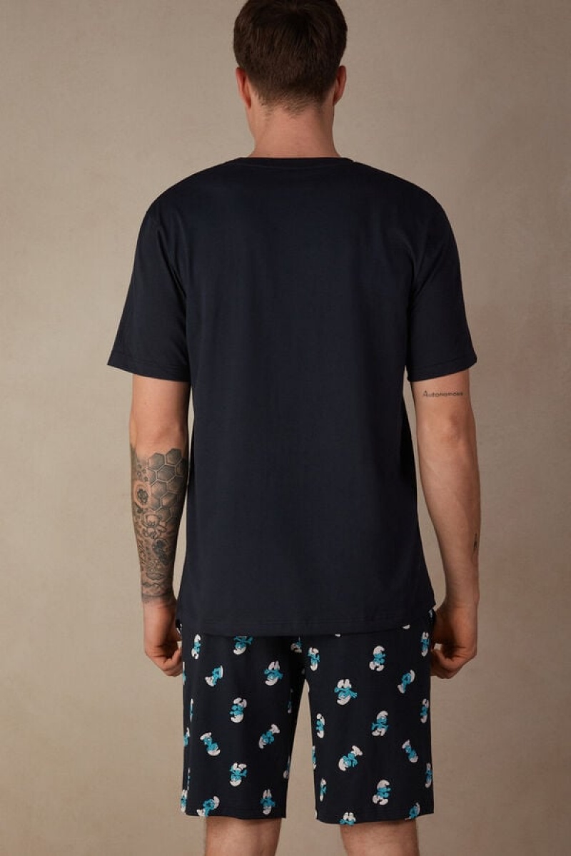 Intimissimi Smurfs Short Cotton Men's Pajamas Blue | USA 2883DNS