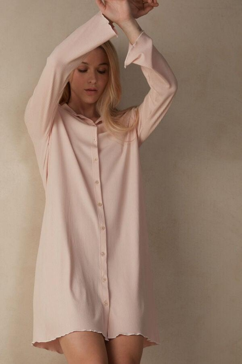 Intimissimi Soft Ribs Button-Up Nightshirt Women's Pajamas Pink | USA 2224JJE