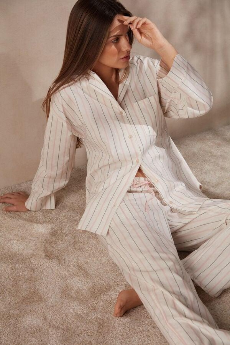 Intimissimi Soft Spring Long Sleeve Button-Up Shirt Women's Pajamas Beige / Pink Stripes | USA 2134TVJ