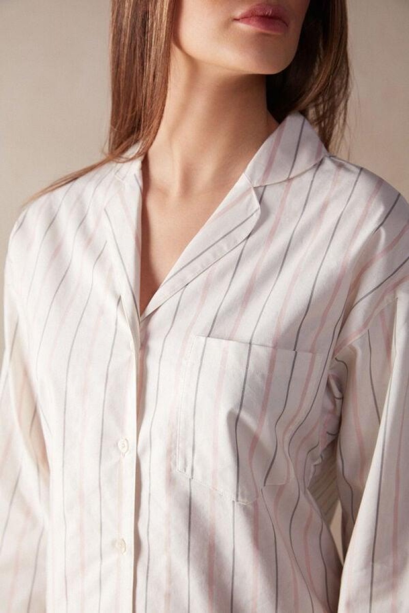 Intimissimi Soft Spring Long Sleeve Button-Up Shirt Women's Pajamas Beige / Pink Stripes | USA 2134TVJ