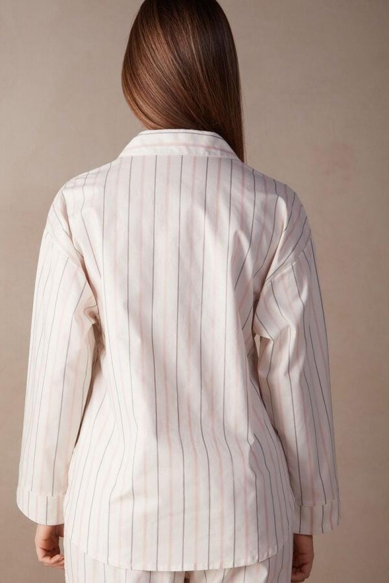 Intimissimi Soft Spring Long Sleeve Button-Up Shirt Women's Pajamas Beige / Pink Stripes | USA 2134TVJ