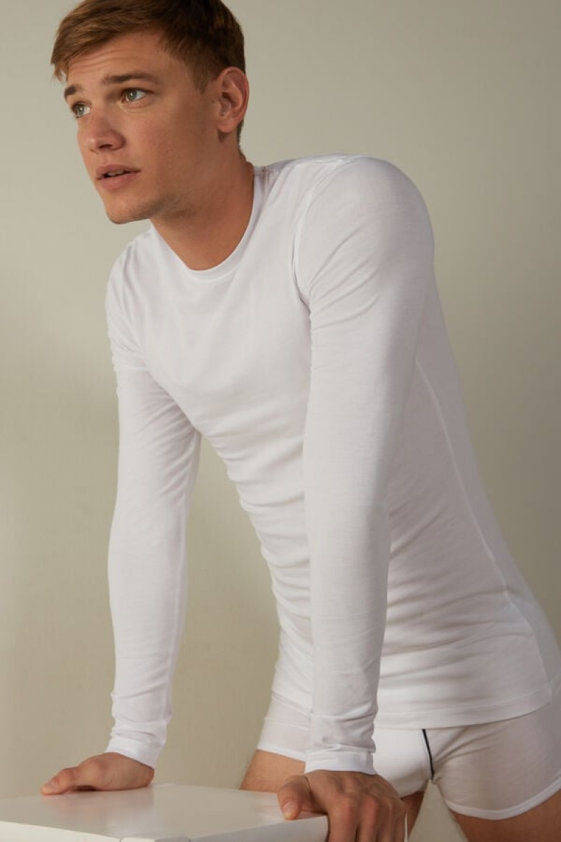 Intimissimi Stretch Supima Cotton Top Men's Long Sleeve White | USA 2930APU