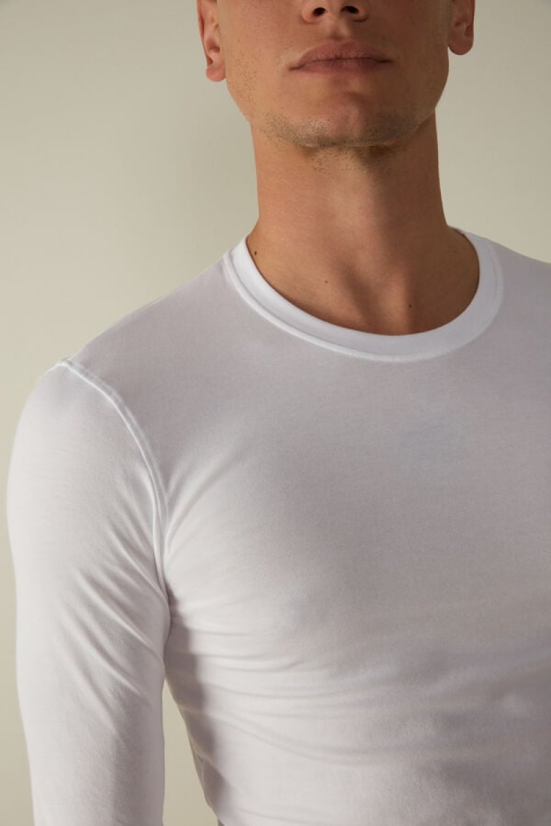 Intimissimi Stretch Supima Cotton Top Men's Long Sleeve White | USA 2930APU