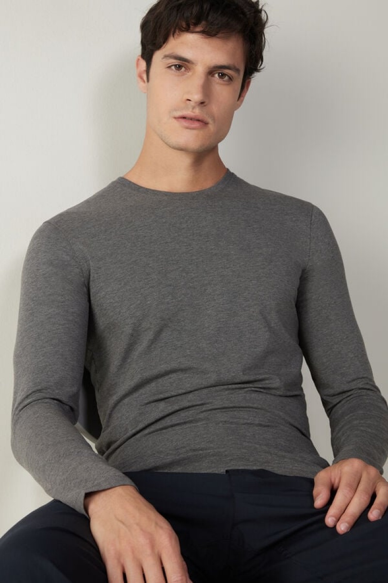 Intimissimi Stretch Supima Cotton Top Men's Long Sleeve Deep Grey | USA 2946XFV