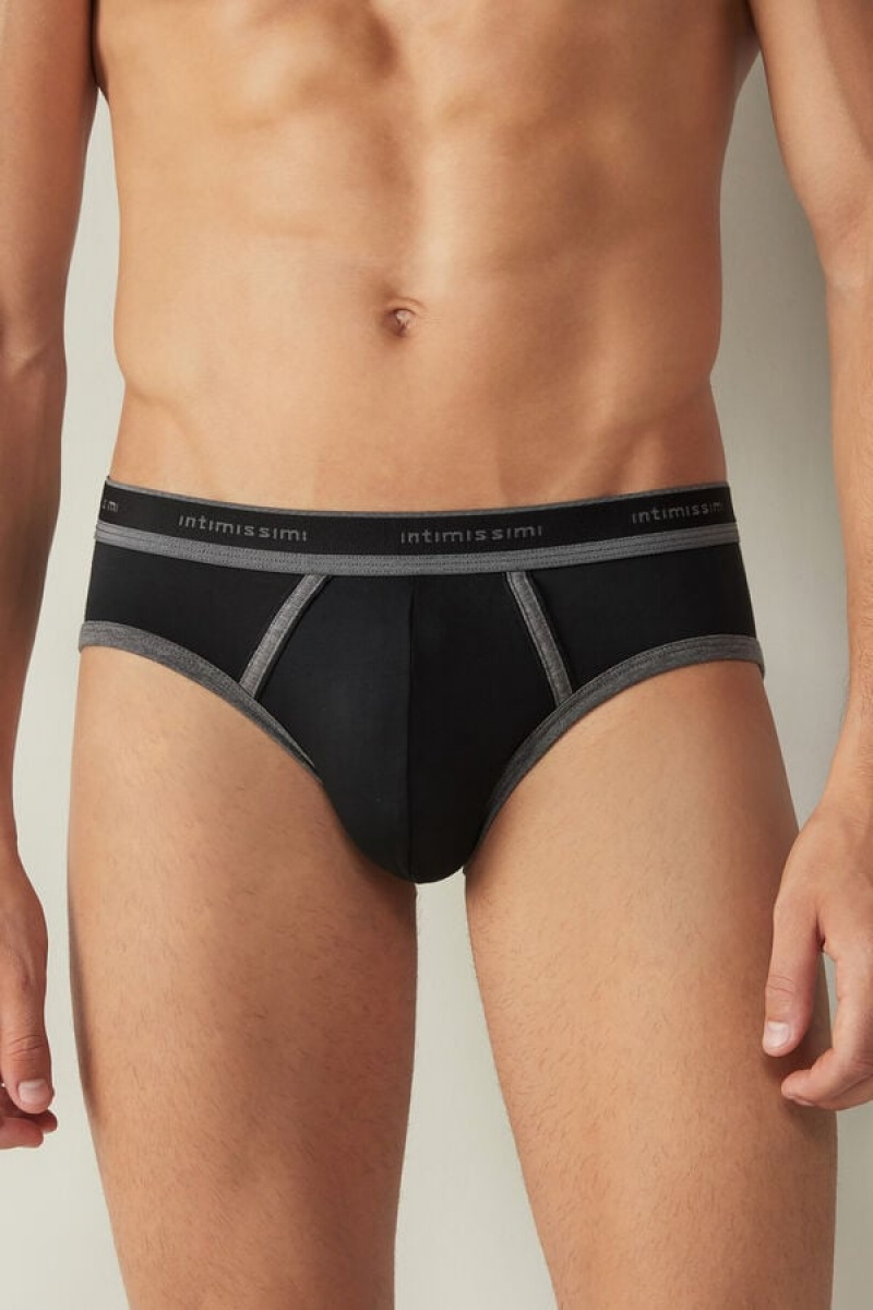 Intimissimi Stretch Supima® Cotton with Logo Detail Men\'s Briefs Black / Deep Grey | USA 2685BCC