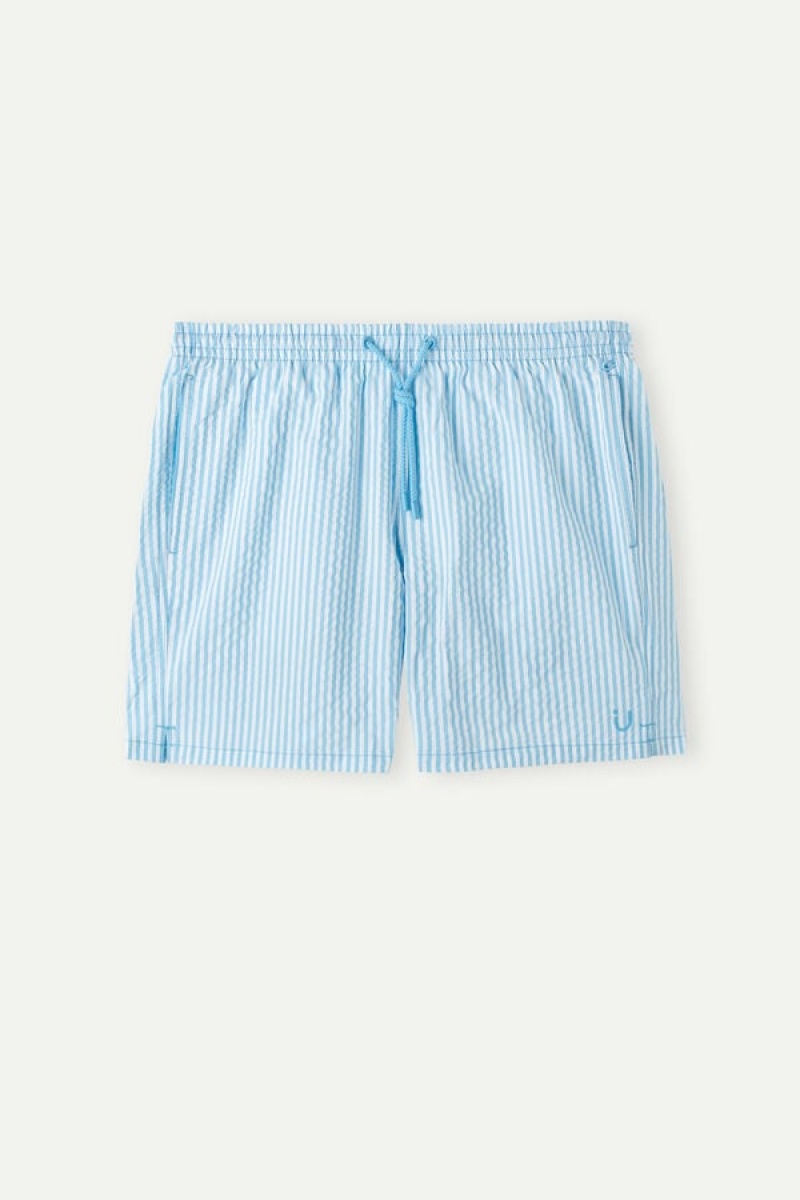 Intimissimi Stripe Print Seersucker Men's Swim Shorts White / Light Blue | USA 2728MAD