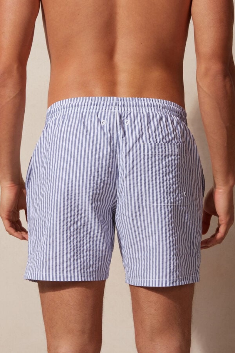 Intimissimi Stripe Print Seersucker Men's Swim Shorts White / Navy Blue | USA 2732CEJ