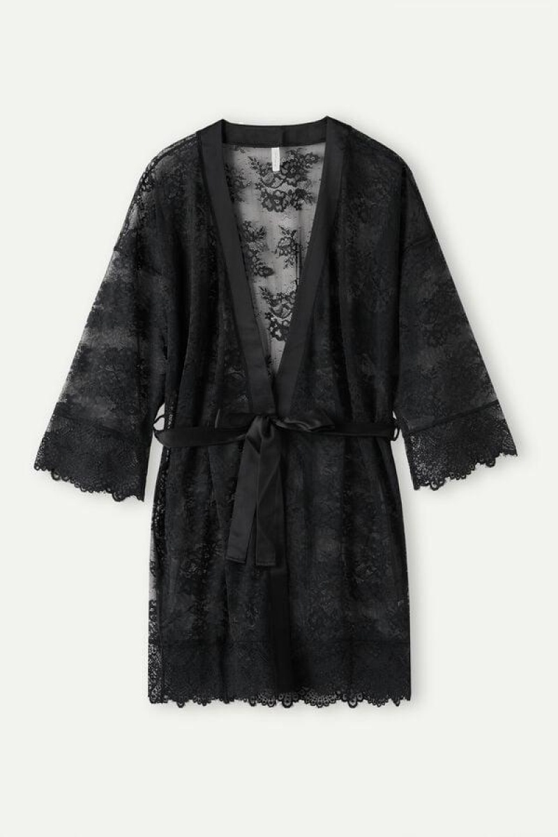 Intimissimi Stunning Beauty Lace Robe Women's Pajamas Black | USA 2194DNN