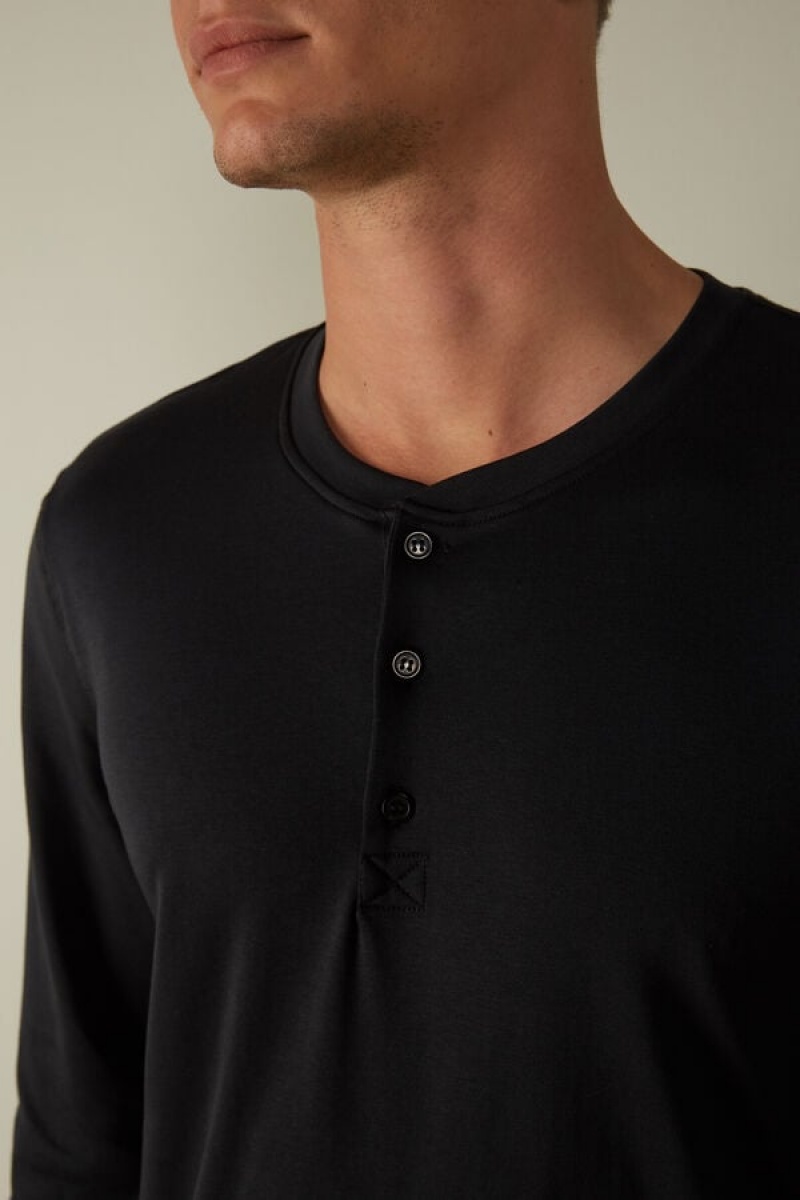 Intimissimi Supima Interlock Long-Sleeve Top Men's Pajamas Black | USA 2900CEE